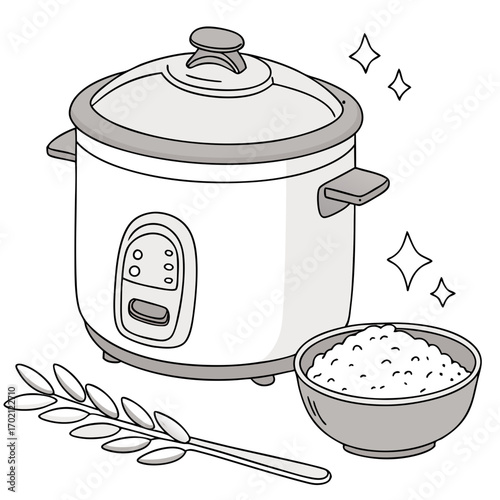 Illustration of a rice cooker preparing a staple meal with grains and a rice plant