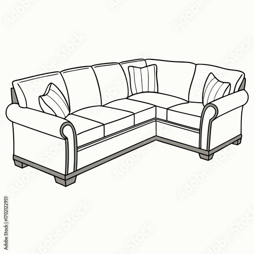 Black and white line art illustration of a corner sectional sofa