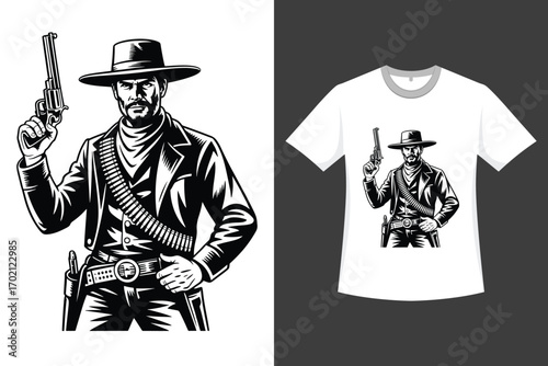 Lone cowboy stands ready, revolver raised, eyes sharp and steady.