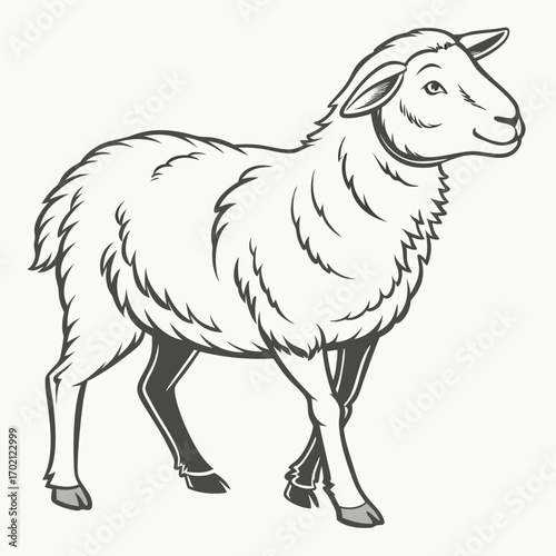 Black and white illustration of a sheep standing