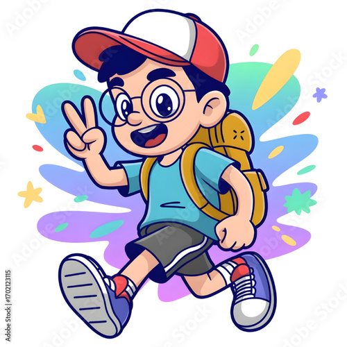 Cartoon boy with backpack running and making a peace sign with colorful backdrop on transparent background