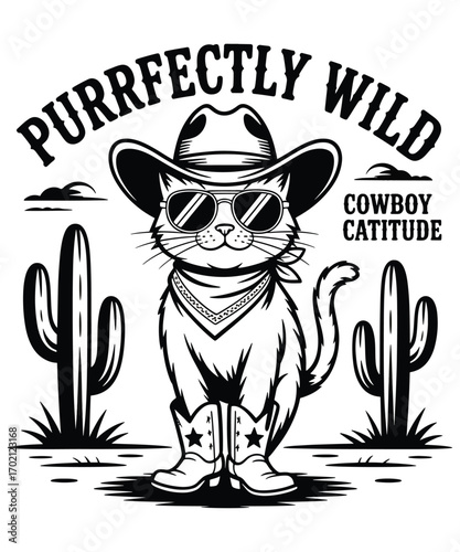 Purrfectly Wild Cowboy Catitude A Western illustration T-shirt Design