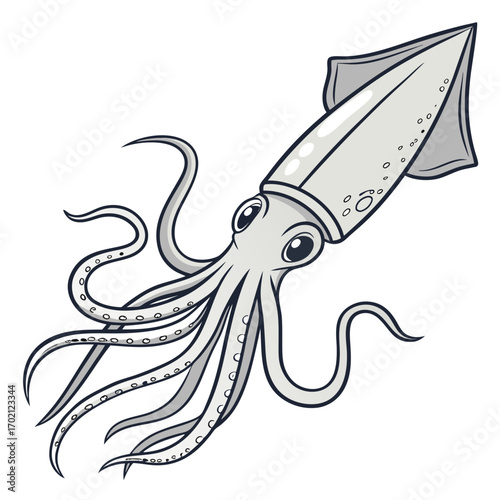 Monochrome cartoon squid illustration with flowing tentacles and big eyes
