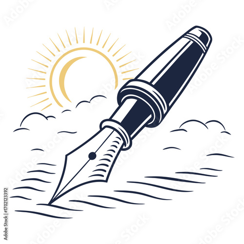 Fountain pen dipping into water with sun and clouds