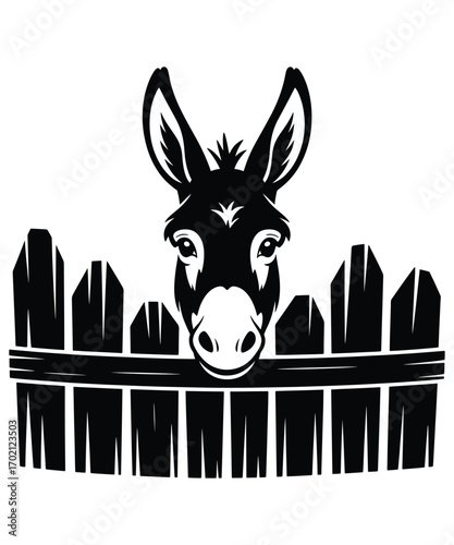 Donkey peeks over wooden fence silhouette