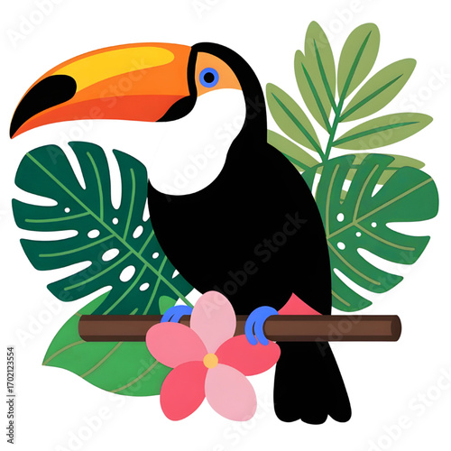 Illustration of a toucan perched on a branch surrounded by tropical foliage on transparent background