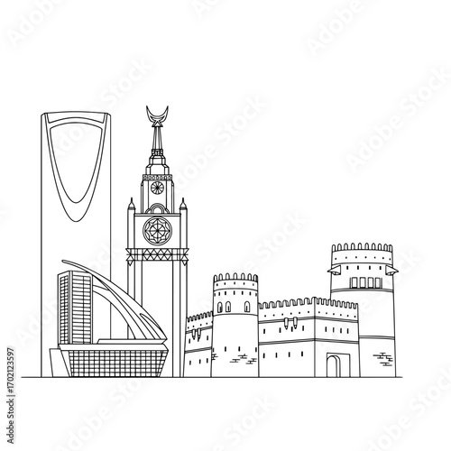 a drawing of a city with a clock tower and other buildings