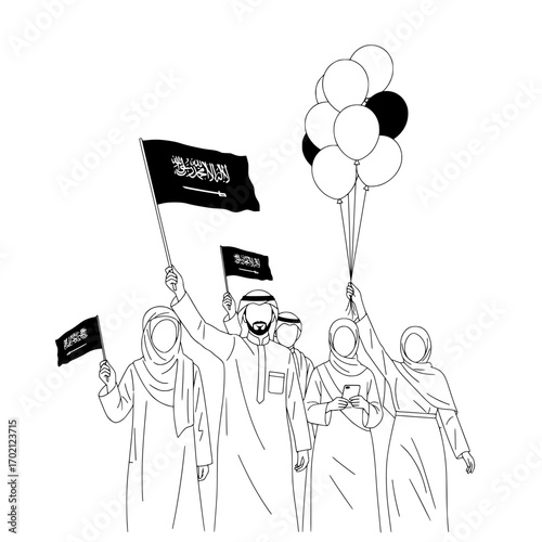 saudi arabia flag, people holding balloons, black and white illustration