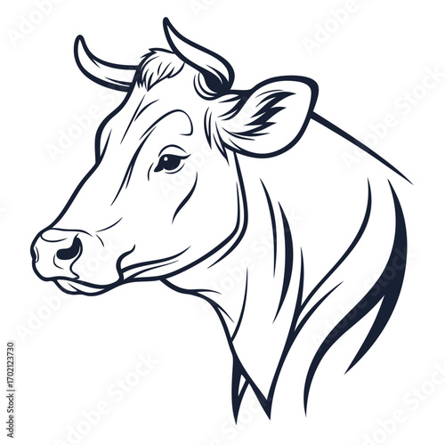 Line Art Illustration of a Cow's Head in Black and White