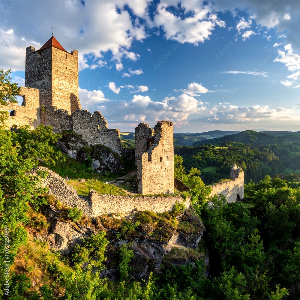 Fototapeta premium A sunlit vista showcases the weathered towers and ramparts of a historic castle ruin perched atop a rocky hillside, framed by lush greenery and rolling hills below.