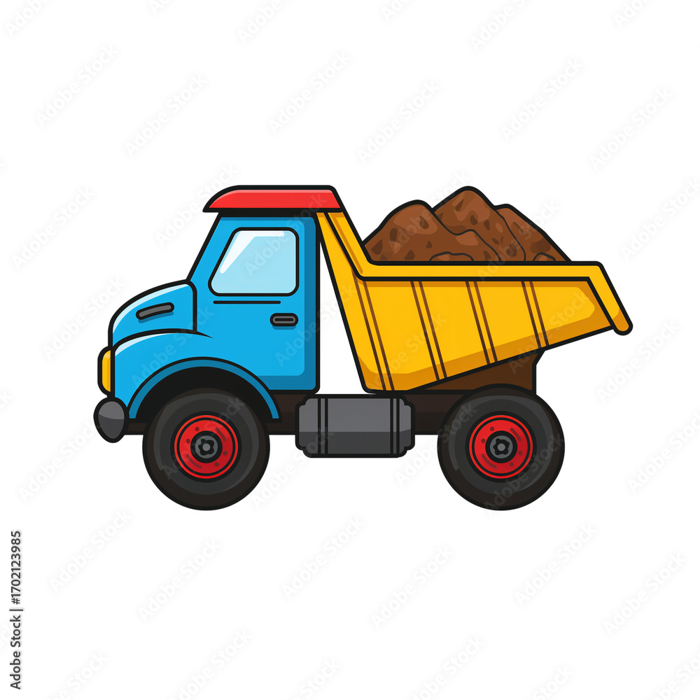 Fototapeta premium Cartoon dump truck illustration filled with soil isolated on a black background image