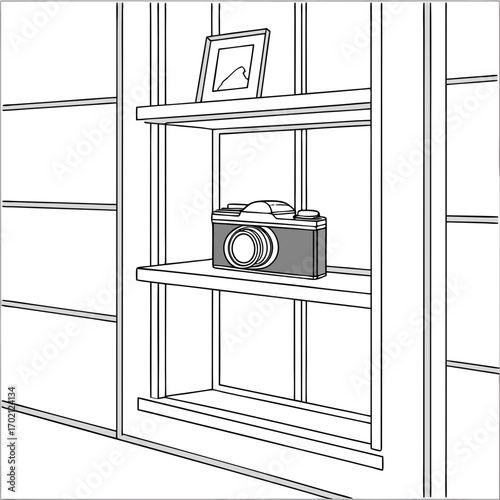 Minimalist drawing of a vintage camera on display in a home interior