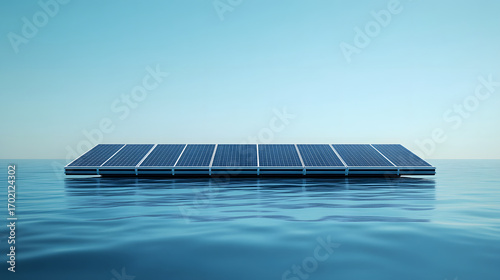 Floating solar panel array is isolated on calm blue water surface, reflecting serene sky. innovative design highlights renewable energy technology in tranquil setting