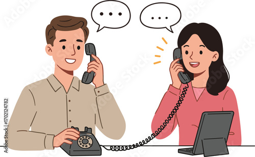 Cartoon man and woman talking on landline phones, retro communication concept, office conversation illustration, vintage telephone connection artwork