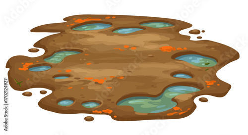 Cartoon Mud Puddle with Water Pools and Orange Spots.