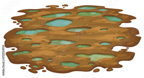 Cartoon Mud Puddle with Water Pools Brown Terrain Illustration.