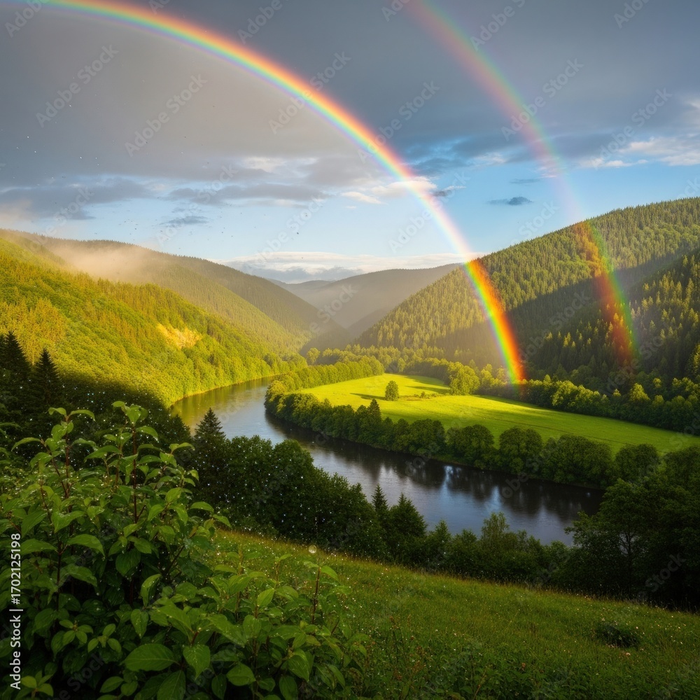Obraz premium Double rainbow arches over lush green valley with river and forested mountainsides
