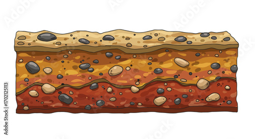 CrossSection of Soil Layers with Rocks and Varied Textures.