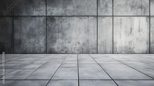 Modern industrial space with elegant concrete texture background, featuring grid of large concrete panels and matching floor, creating minimalist and sleek atmosphere