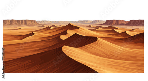 Expansive Desert Landscape with Rolling Sand Dunes and Distant Mountains.
