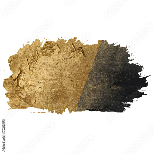 Abstract gold and black textured paint stroke with rough edges on white backdrop on transparent background