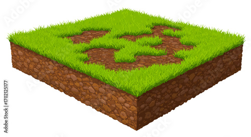 Isometric Grass and Soil Block Illustration with Exposed Dirt Patches.