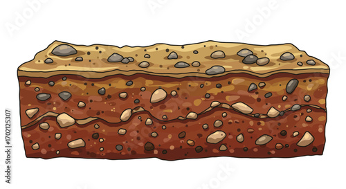 Soil Profile with Distinct Layers and Embedded Rocks Illustration.