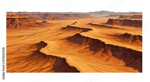 Vast Desert Landscape with Eroded Rock Formations and Distant Mountains.