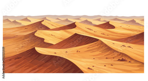 Vast Desert Landscape with Rolling Sand Dunes and Hazy Horizon.