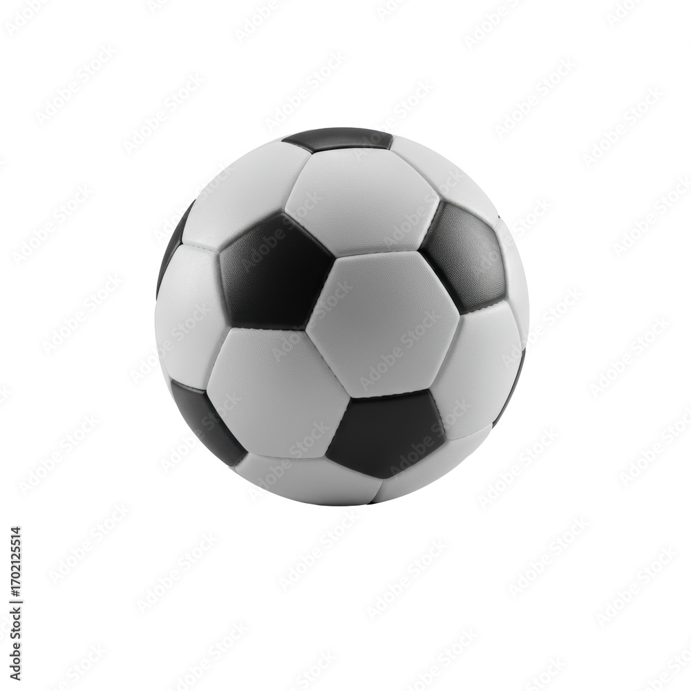 Fototapeta premium Pristine classic black and white soccer ball, perfectly spherical with unblemished panels, on a transparent studio background with subtle reflection, high-end product concept of perfection and premium