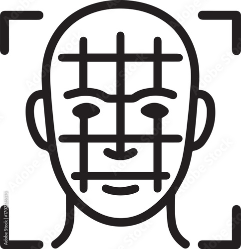 A stylized black and white icon depicting a human face with a grid overlay, indicating facial recognition technology and security.