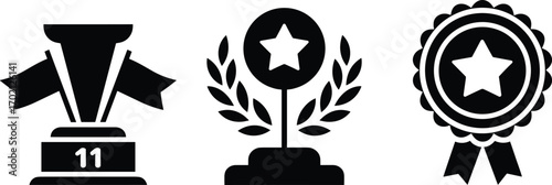 Award trophy icons, achievement symbols set, victory badge silhouettes, winner cup emblem, competition medal designs for success and recognition