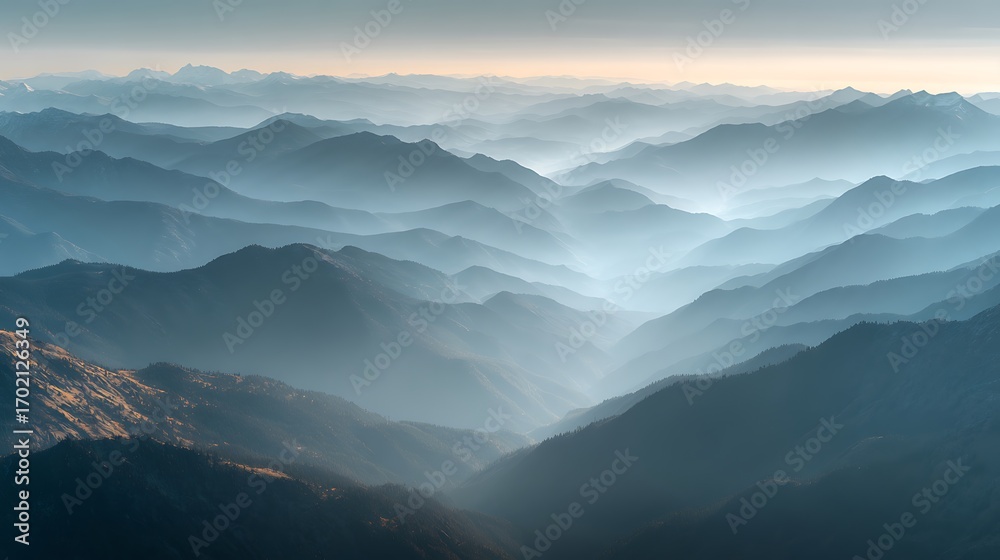 Obraz premium Panoramic view of endless blue mountain ranges layered in morning mist creating a serene and ethereal landscape