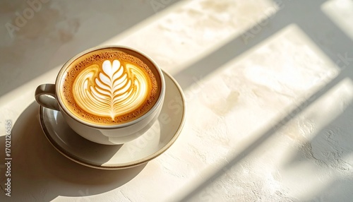 A delightful cup of latte art bathed in the gentle glow of sunlight, casting artistic shadows across the surface. The warm beverage presents an inviting and comforting scene