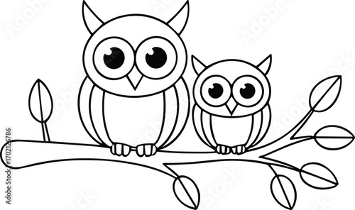 Black and white cartoon owls sitting on a tree branch, cute outline drawing, coloring book style, simple animal illustration