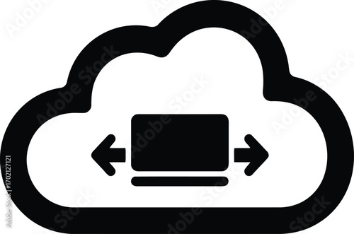A black and white icon depicting a cloud with a rectangle and bidirectional arrows, symbolizing data exchange.