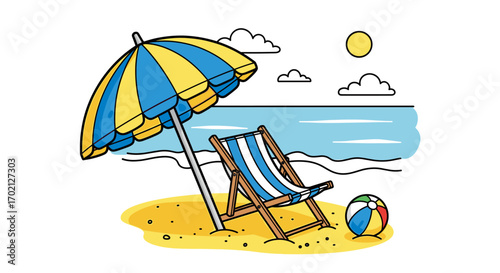 A Relaxing Beach Scene Under a Bright Summer Sun with a Striped Deck Chair Umbrella and Ball on Sandy Shore