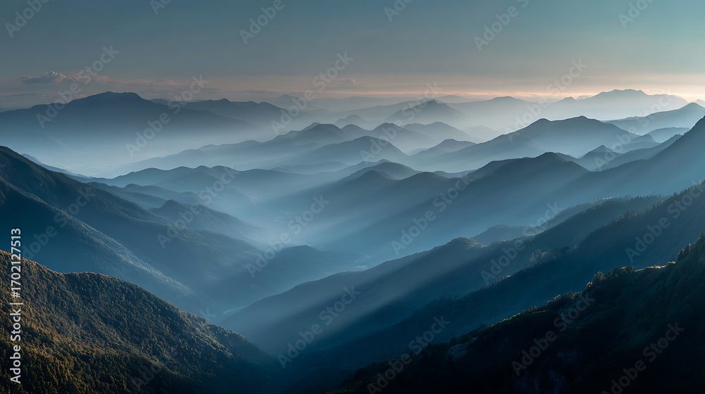 Obraz premium Misty Mountain Ranges at Dawn A Serene Landscape Photography