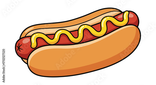 A close up illustration of a classic hot dog with a juicy sausage covered in yellow mustard served in a soft bun perfect for any outdoor event or casual meal choice