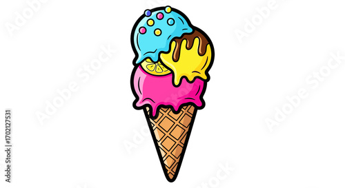 A delicious and colorful ice cream cone with three scoops of different flavors topped with sprinkles and chocolate sauce creating a delightful summer treat perfect for a hot day