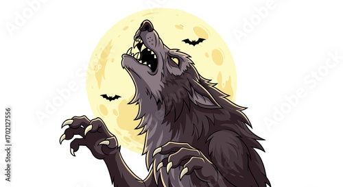 A terrifying werewolf howls at the bright full moon with bats flying in the dark night sky