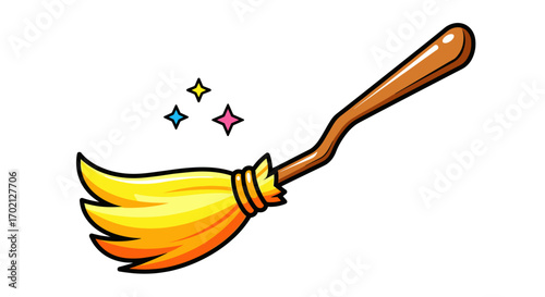 Enchanting Golden Broom with Sparkling Magical Elements Floating Mysteriously Through the Night Sky