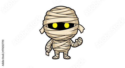A Chibi Mummy Character Design with Bright Yellow Eyes Waving Hello on a Dark Background