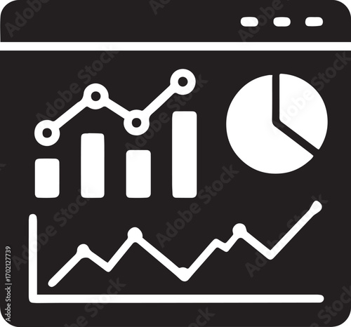 A black and white icon representing a digital dashboard displaying various charts and graphs for data analysis and business insights.