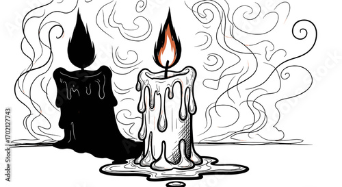 A Glitched Candle Flickers with an Eerie Orange Flame Against a Dark Abstract Background with Subtle Distortions and a Sense of Mystery