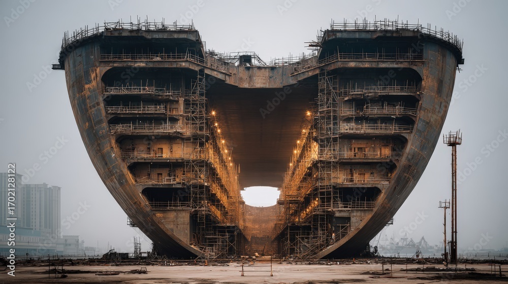 Obraz premium Gigantic Ship Under Construction in a Dry Dock, Showing Complex Scaffolding and Hull Structure, Maritime Engineering