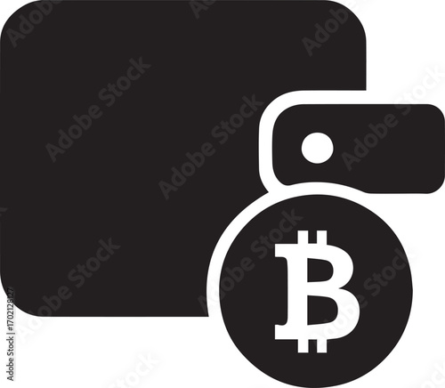 A black and white icon representing a wallet with a Bitcoin symbol, signifying digital currency storage and transactions.