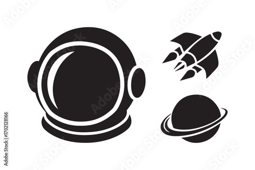 Astronaut helmet rocket and planet silhouette icons