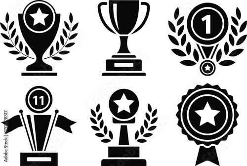 Black trophy icons, award medals and prize badges collection, winner achievement vector set, silhouette champion symbols for success and recognition.