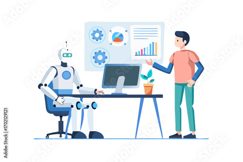 Robot and man analyzing data on computer screen